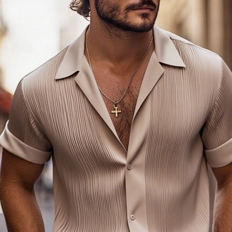 Men's Solid Satin Pleated Lapel Short Sleeve ShirtZ - Image 2