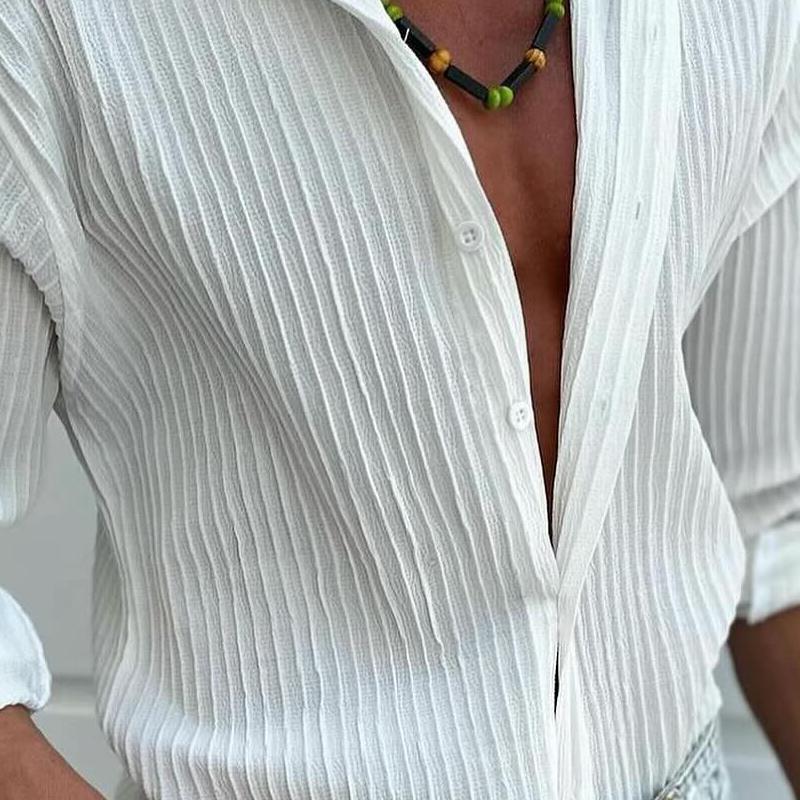 Men's Solid Striped Lapel Long Sleeve Casal Shirt - Image 2