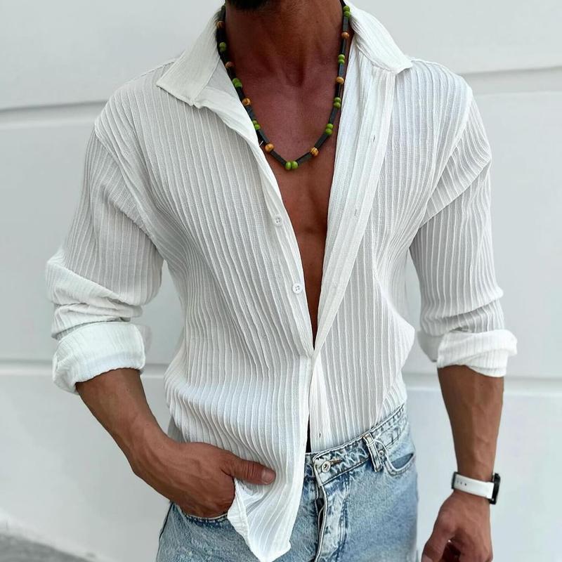 Men's Solid Striped Lapel Long Sleeve Casal Shirt - Image 4