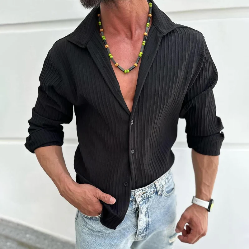 Men's Solid Striped Lapel Long Sleeve Casal Shirt - Image 5