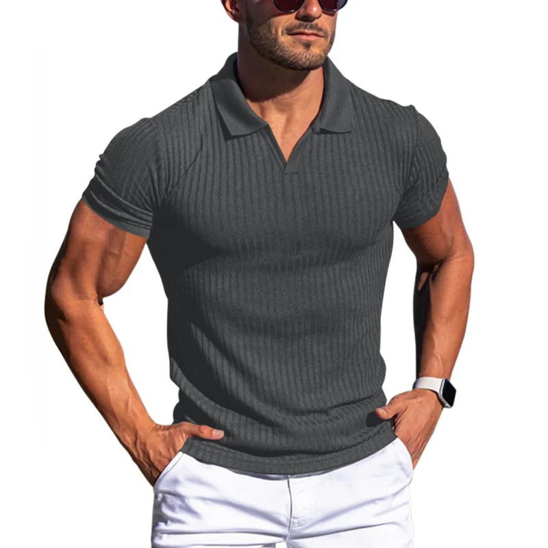 Men's Solid Striped Lapel Short Sleeve Polo Shirt - Image 10