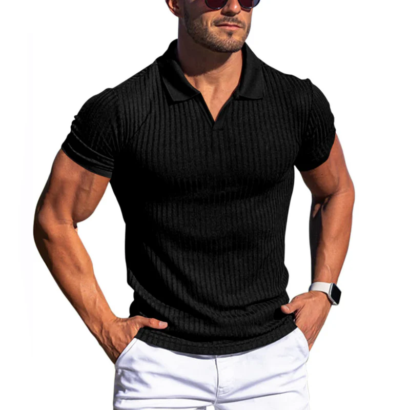 Men's Solid Striped Lapel Short Sleeve Polo Shirt - Image 11