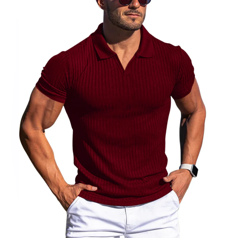 Men's Solid Striped Lapel Short Sleeve Polo Shirt - Image 12