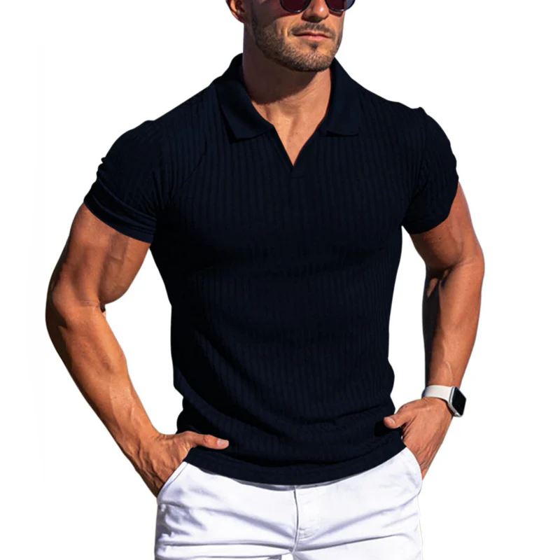 Men's Solid Striped Lapel Short Sleeve Polo Shirt - Image 13