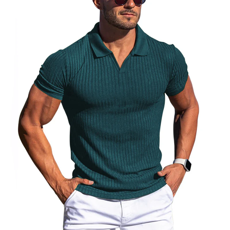 Men's Solid Striped Lapel Short Sleeve Polo Shirt - Image 14