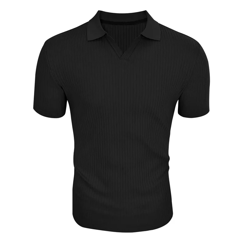 Men's Solid Striped Lapel Short Sleeve Polo Shirt - Image 2