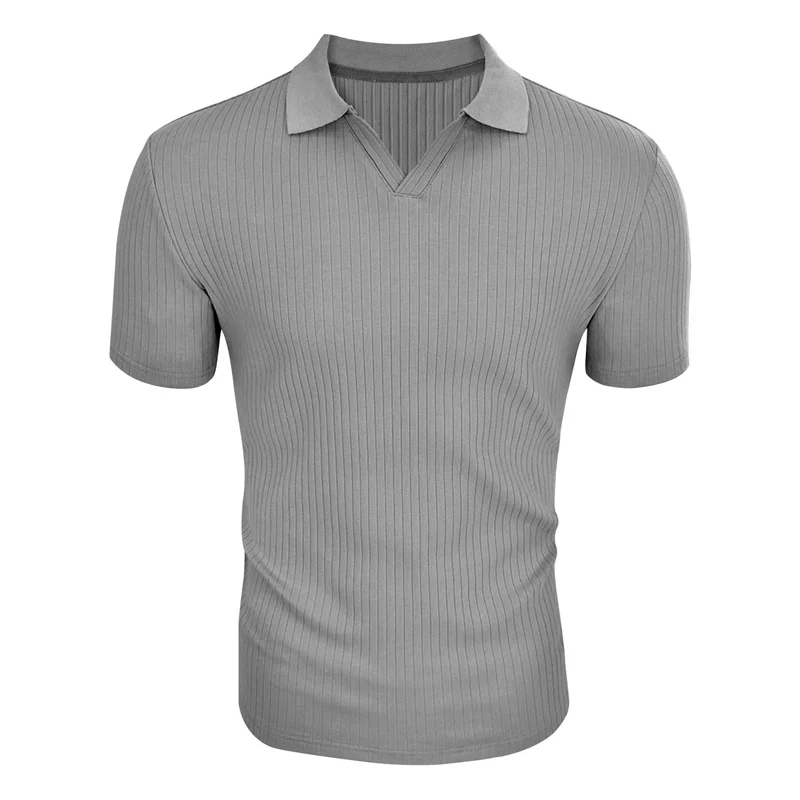 Men's Solid Striped Lapel Short Sleeve Polo Shirt - Image 3
