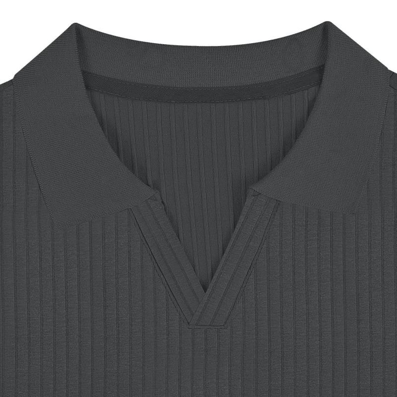 Men's Solid Striped Lapel Short Sleeve Polo Shirt - Image 4
