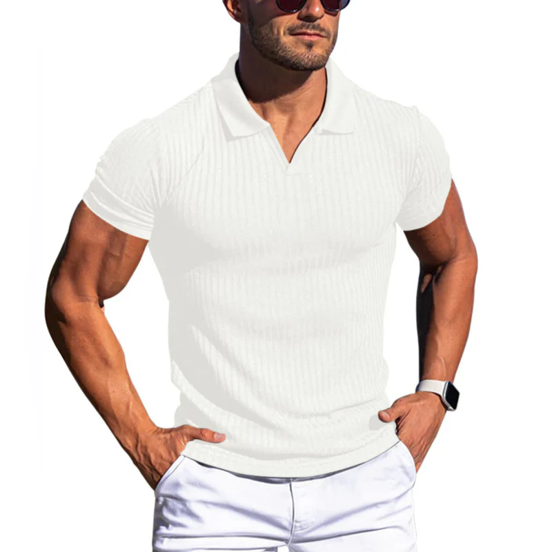 Men's Solid Striped Lapel Short Sleeve Polo Shirt - Image 8