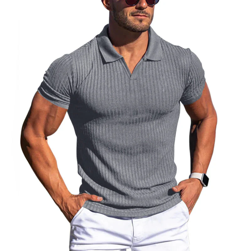 Men's Solid Striped Lapel Short Sleeve Polo Shirt - Image 9