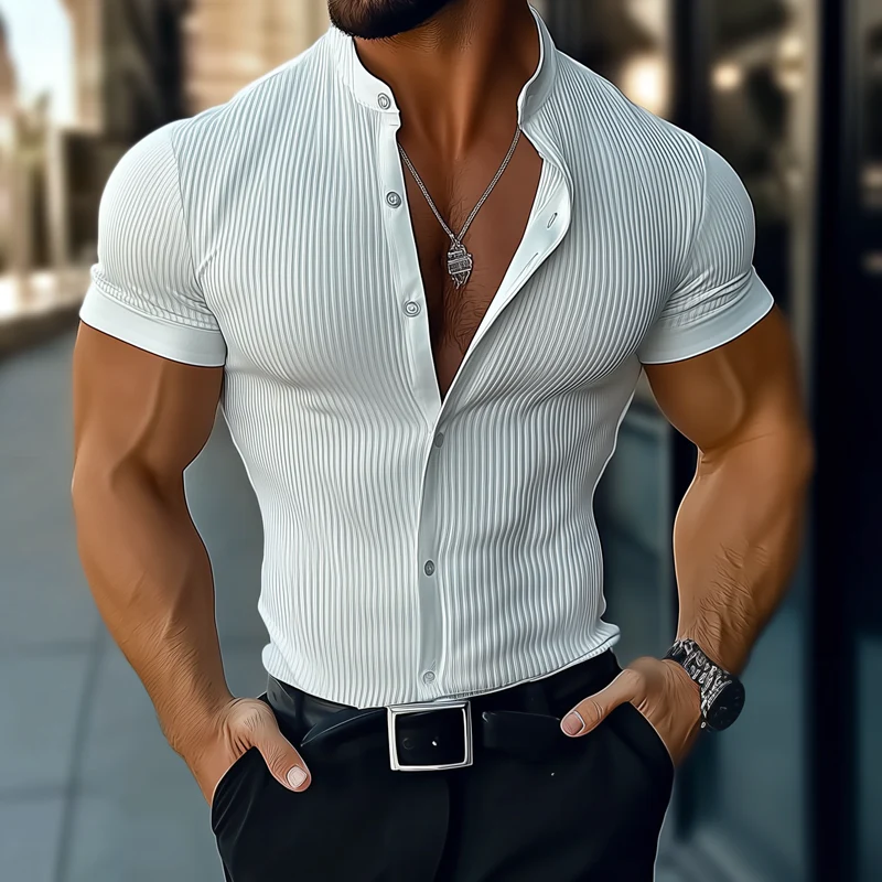 Men's Solid Striped Stand Collar Short Sleeve ShirtZ - Image 3