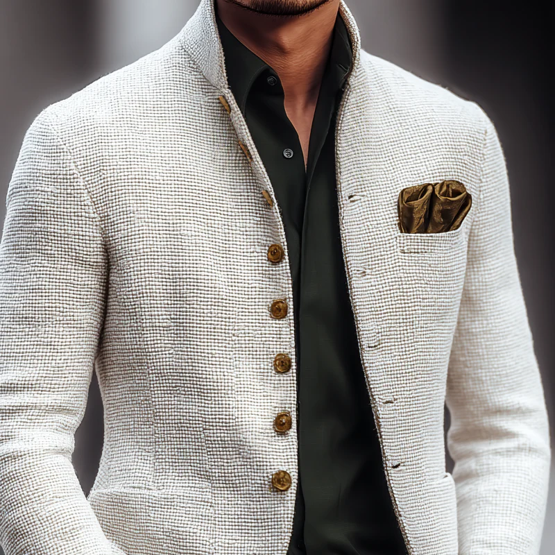 Men's Solid Tweed Stand Collar Single Breasted Casual Jacket - Image 2