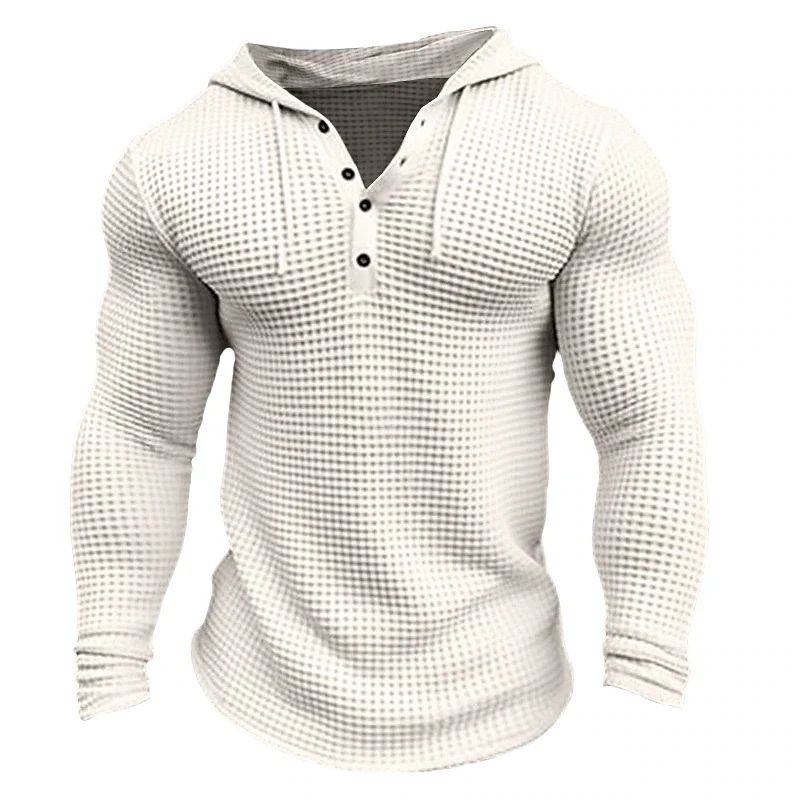Men's Solid Waffle Long Sleeve Casal Hoodie - Image 2