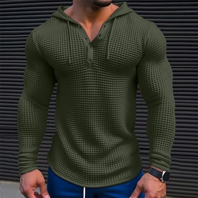 Men's Solid Waffle Long Sleeve Casal Hoodie - Image 6