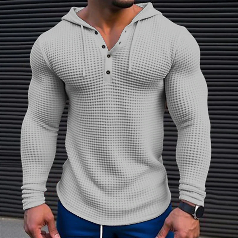 Men's Solid Waffle Long Sleeve Casal Hoodie - Image 7