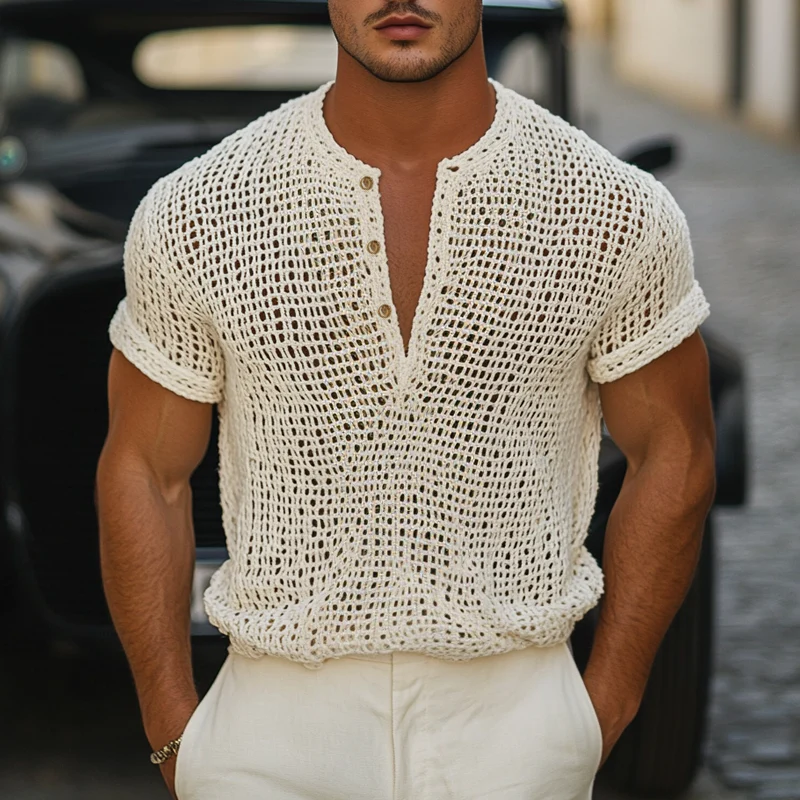 Men's Solidnit Hollow Henley Collar Short Sleeve T-shirt - Image 3