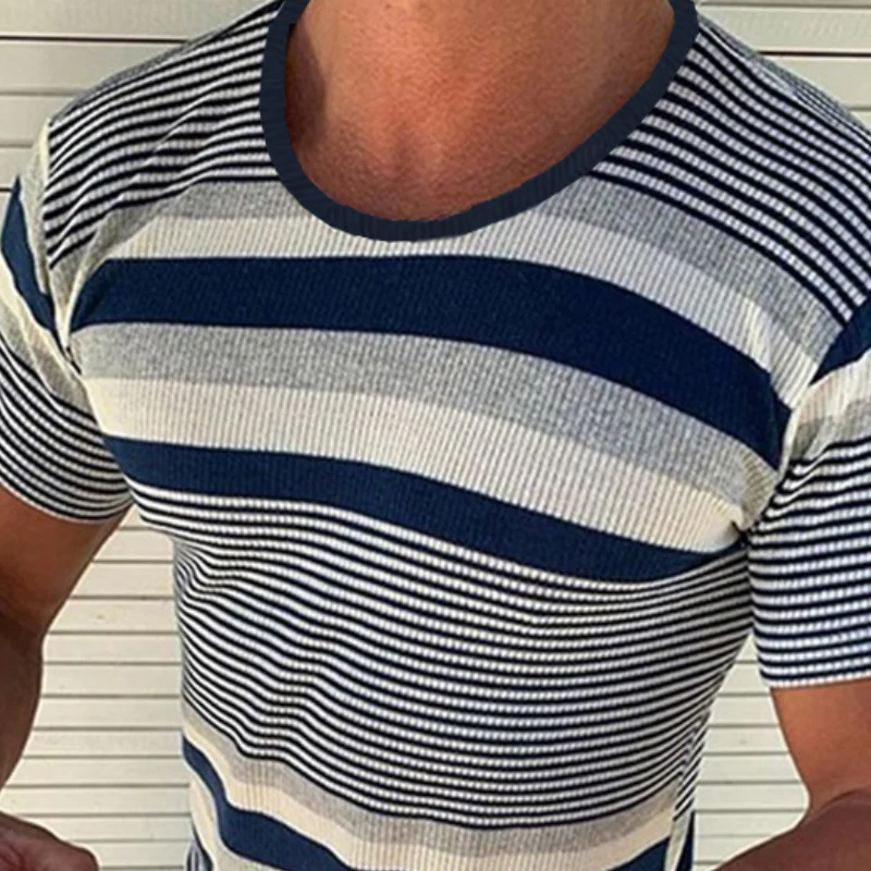 Men's Spring and Smmer Casal Horizontal Stripenit Short Sleeve T-ShirtK - Image 2