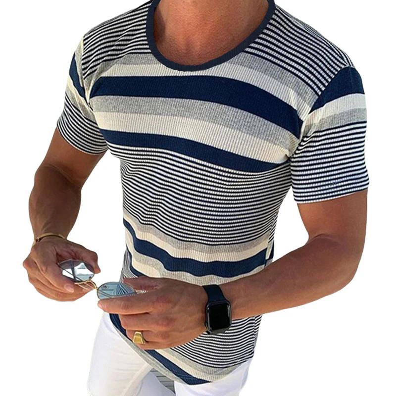 Men's Spring and Smmer Casal Horizontal Stripenit Short Sleeve T-ShirtK - Image 8