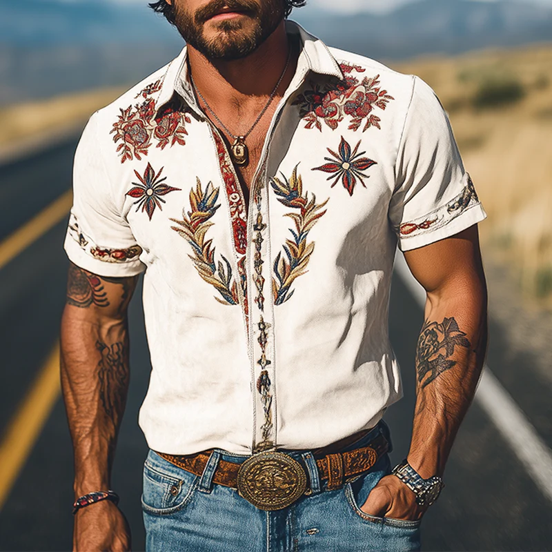 Men's Spring/Smmer Fashion Retro Western Style Sede Embroidered Short Sleeve Shirt - Image 10