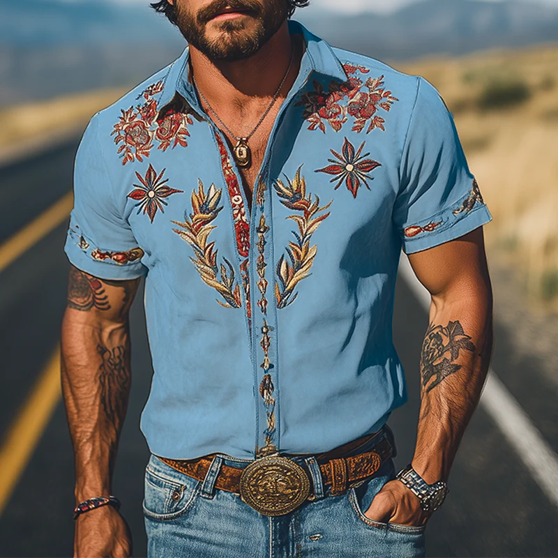 Men's Spring/Smmer Fashion Retro Western Style Sede Embroidered Short Sleeve Shirt - Image 11