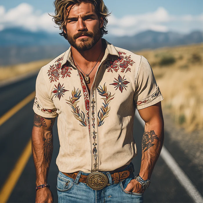 Men's Spring/Smmer Fashion Retro Western Style Sede Embroidered Short Sleeve Shirt - Image 2