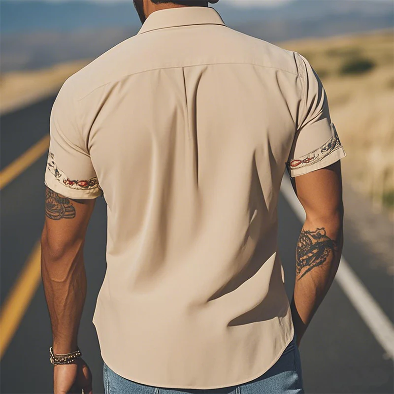 Men's Spring/Smmer Fashion Retro Western Style Sede Embroidered Short Sleeve Shirt - Image 3