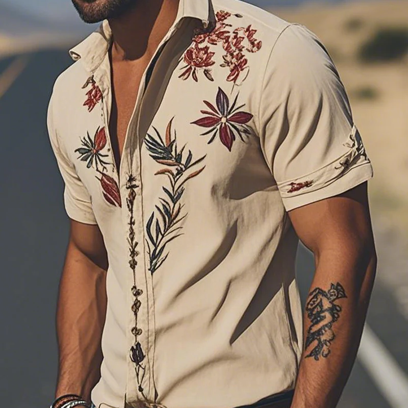 Men's Spring/Smmer Fashion Retro Western Style Sede Embroidered Short Sleeve Shirt - Image 4