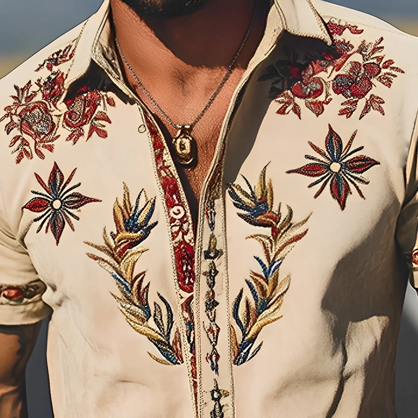 Men's Spring/Smmer Fashion Retro Western Style Sede Embroidered Short Sleeve Shirt - Image 5