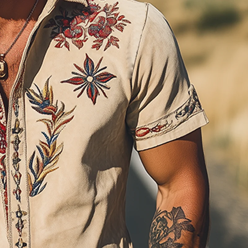 Men's Spring/Smmer Fashion Retro Western Style Sede Embroidered Short Sleeve Shirt - Image 6