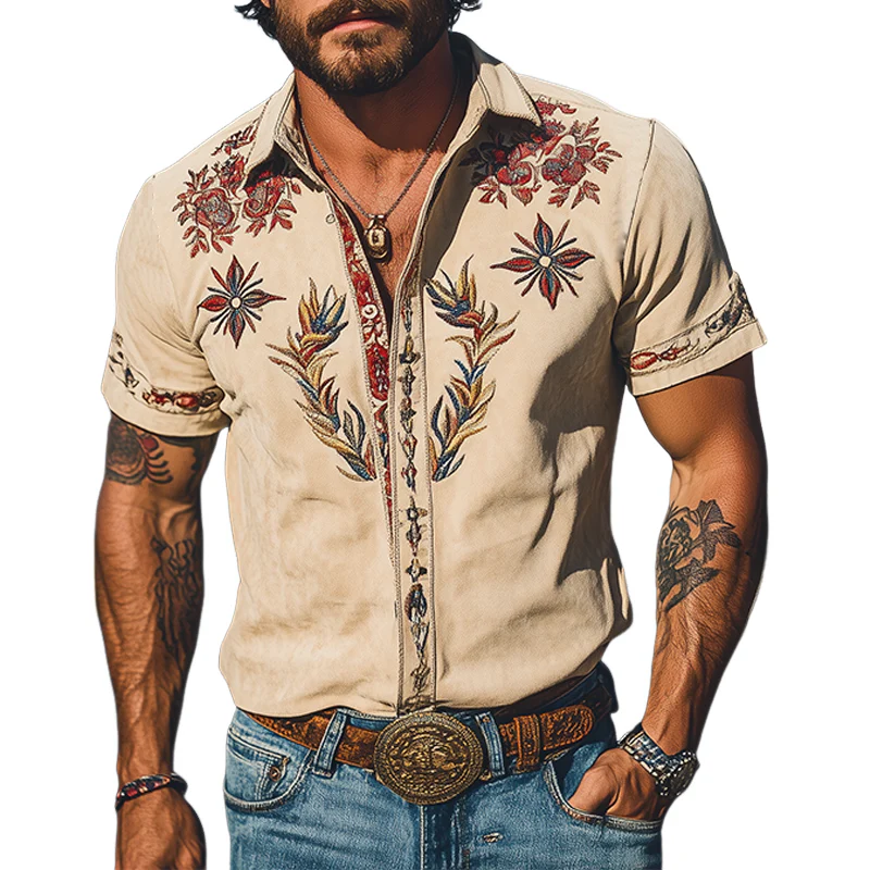 Men's Spring/Smmer Fashion Retro Western Style Sede Embroidered Short Sleeve Shirt - Image 9
