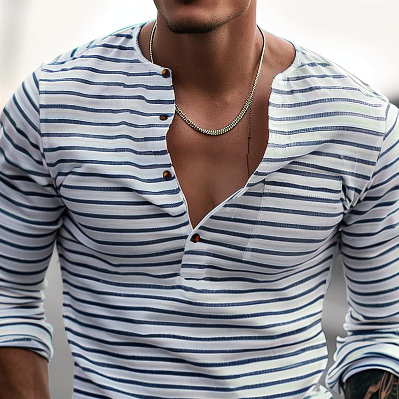 Men's Striped Henley Collar Long Sleeve Casal T-shirt - Image 2