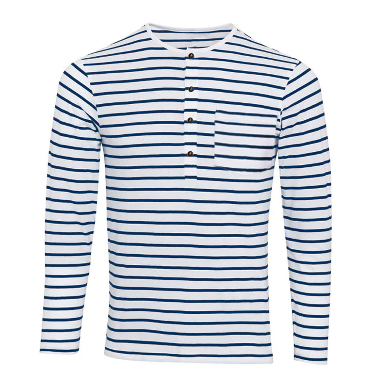 Men's Striped Henley Collar Long Sleeve Casal T-shirt - Image 3