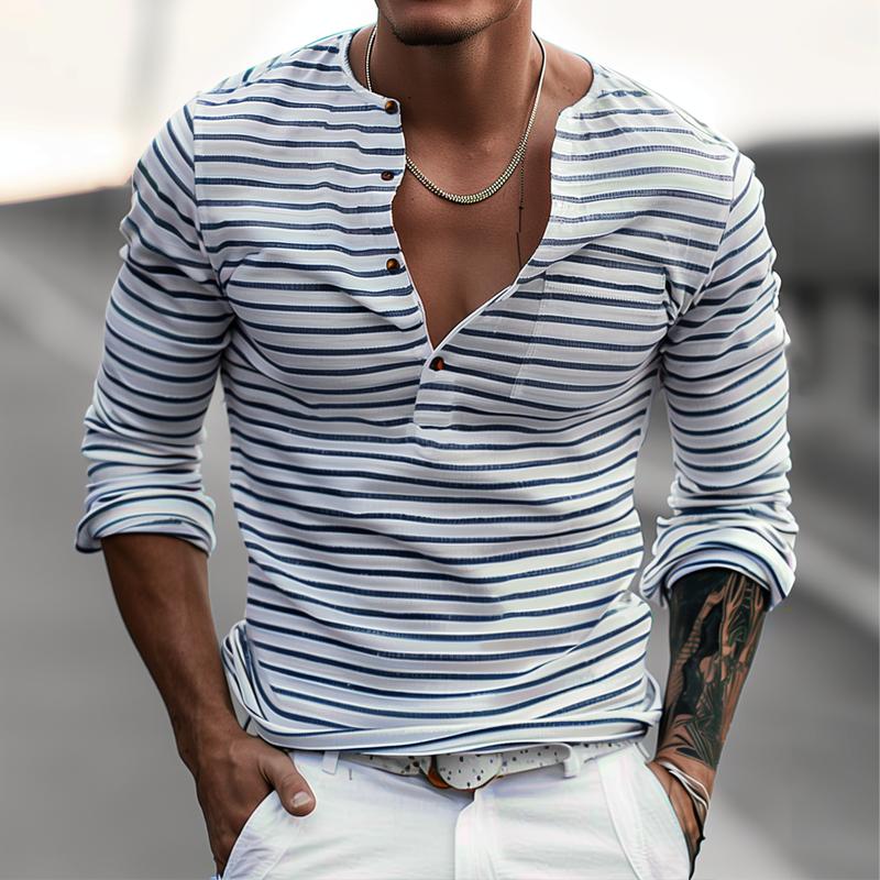 Men's Striped Henley Collar Long Sleeve Casal T-shirt - Image 5