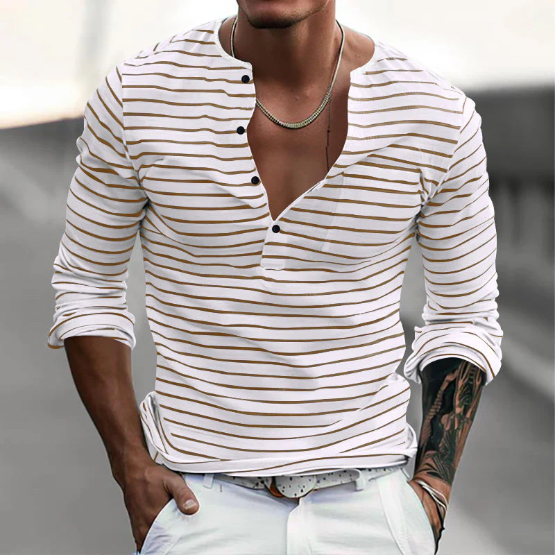 Men's Striped Henley Collar Long Sleeve Casal T-shirt - Image 6