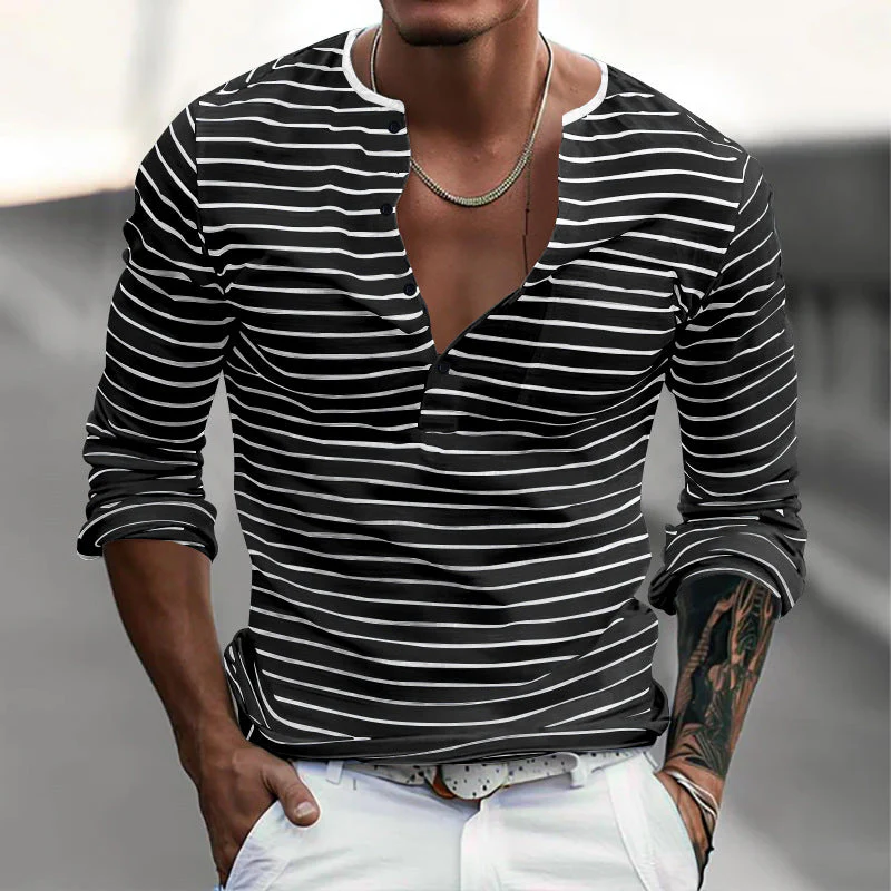 Men's Striped Henley Collar Long Sleeve Casal T-shirt - Image 7
