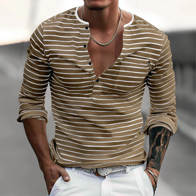 Men's Striped Henley Collar Long Sleeve Casal T-shirt - Image 8