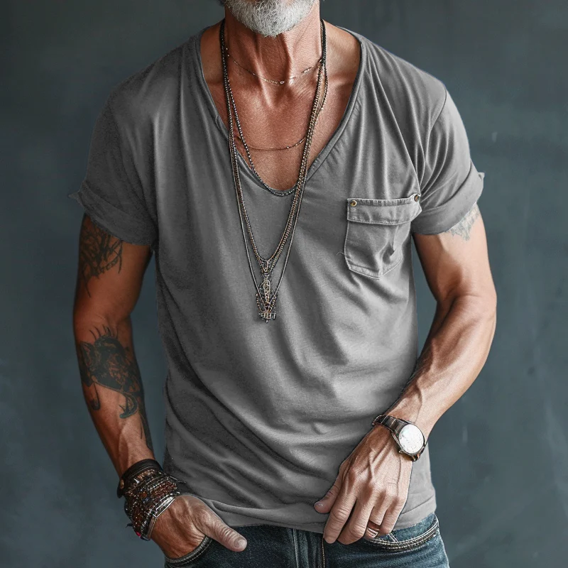Men's V Neck Breast Pocket Short Sleeve Cargo T-shirt - Image 6