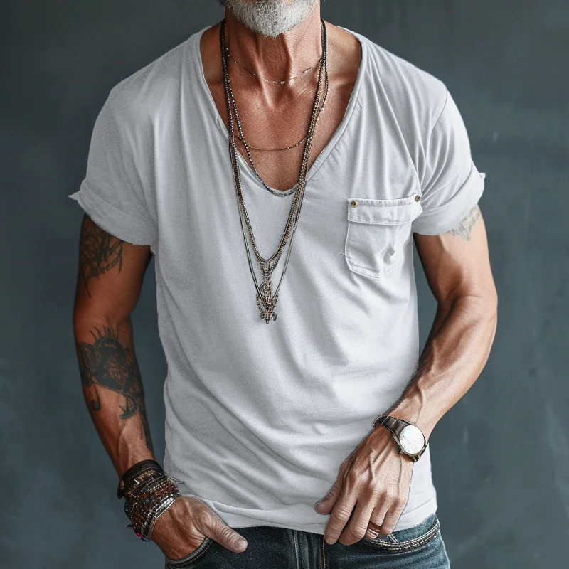 Men's V Neck Breast Pocket Short Sleeve Cargo T-shirt - Image 7