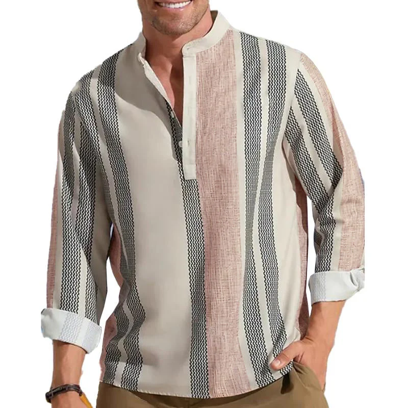 Men's V-neck Striped Print Loose Lapel Cotn Linen Shirt - Image 2