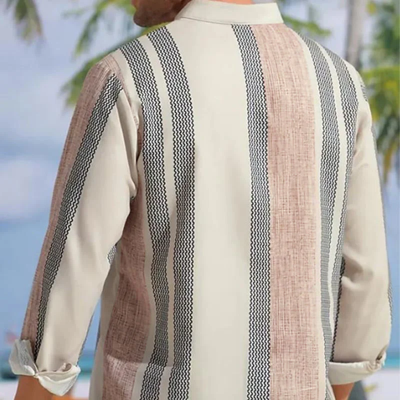 Men's V-neck Striped Print Loose Lapel Cotn Linen Shirt - Image 3