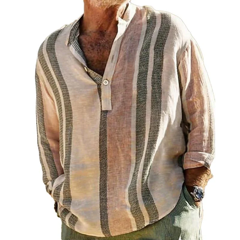 Men's V-neck Striped Print Loose Lapel Cotn Linen Shirt - Image 4