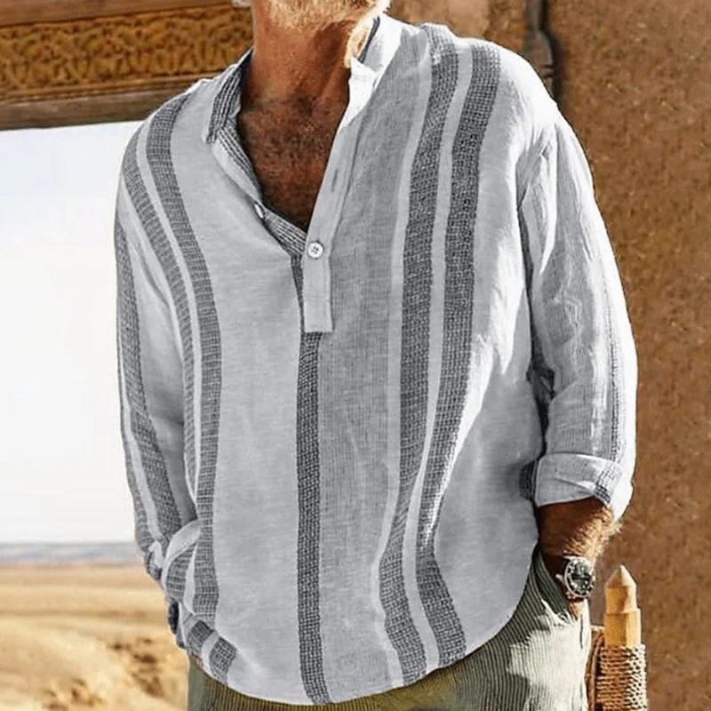 Men's V-neck Striped Print Loose Lapel Cotn Linen Shirt - Image 5