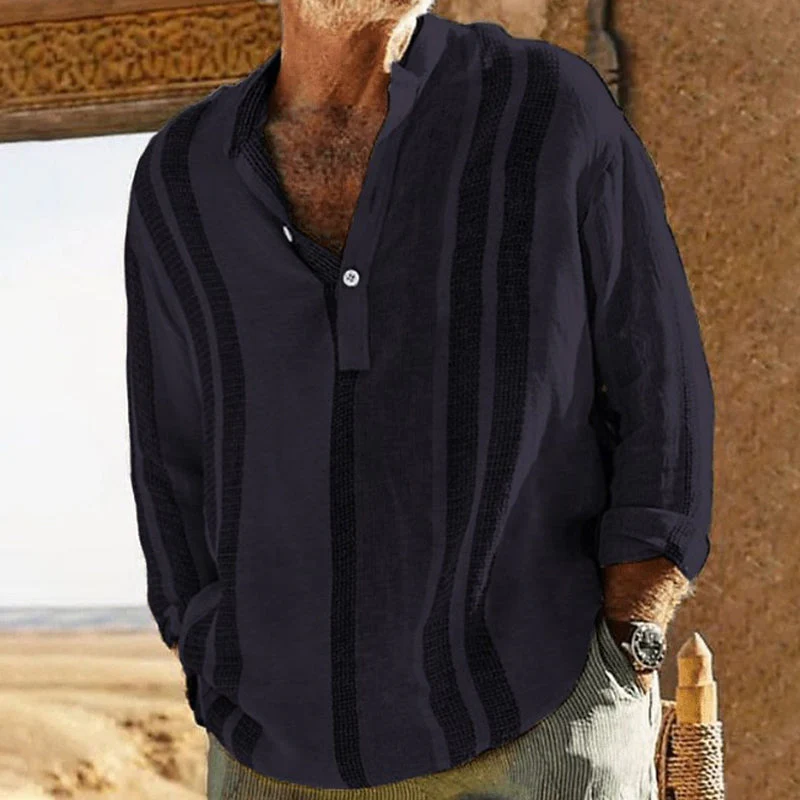 Men's V-neck Striped Print Loose Lapel Cotn Linen Shirt - Image 6