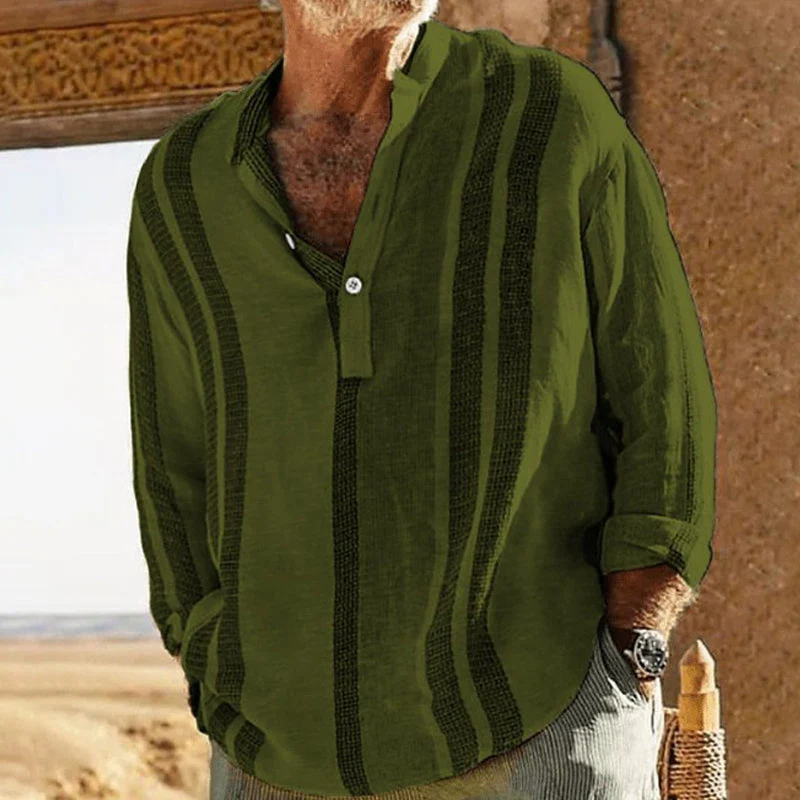 Men's V-neck Striped Print Loose Lapel Cotn Linen Shirt - Image 7