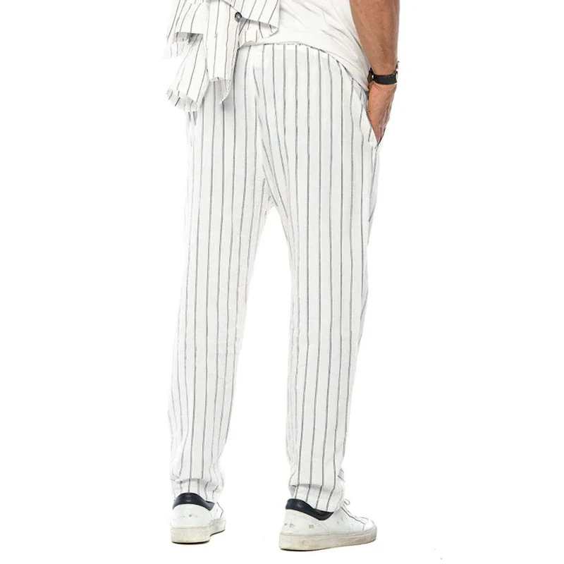 Men's Vertical Striped Cotn And Linen Straight Loose Trendy Casal Trosers - Image 2