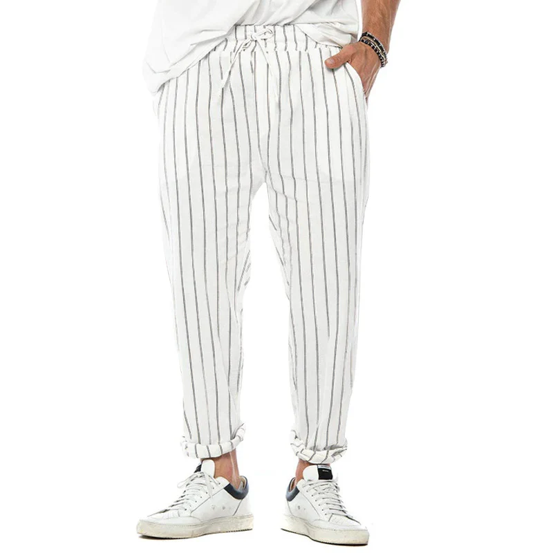 Men's Vertical Striped Cotn And Linen Straight Loose Trendy Casal Trosers - Image 5