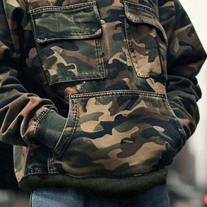 Men's Vine Camoflage Printed Cotn Blend Flap Pocket Long-Sleeved Hoodie - Image 3