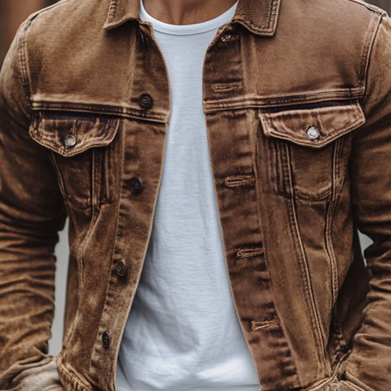 Men's Vine Casal Solid Color Washed DeniJacket - Image 4