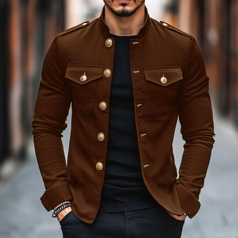 Men's Vintage Casual Solid Stand Collar Button Jacket - Image 10
