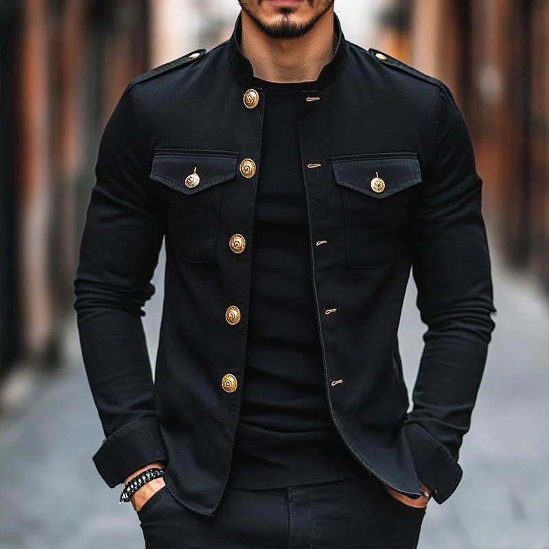 Men's Vintage Casual Solid Stand Collar Button Jacket - Image 7